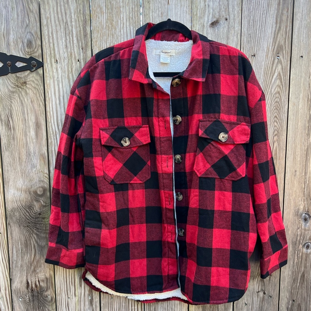 PASSPORT Red & Black Buffalo Check Plaid Button Down Lined Flannel Women’s Large